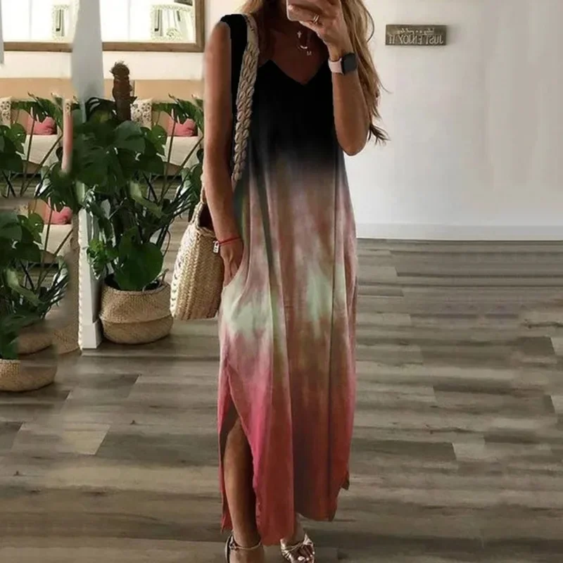 Summer Women\'s  Fashionable Women\'s Gradient Tie Dyed Printed Split Long Dress Casual V-neck Sleeveless Loose Long Dress