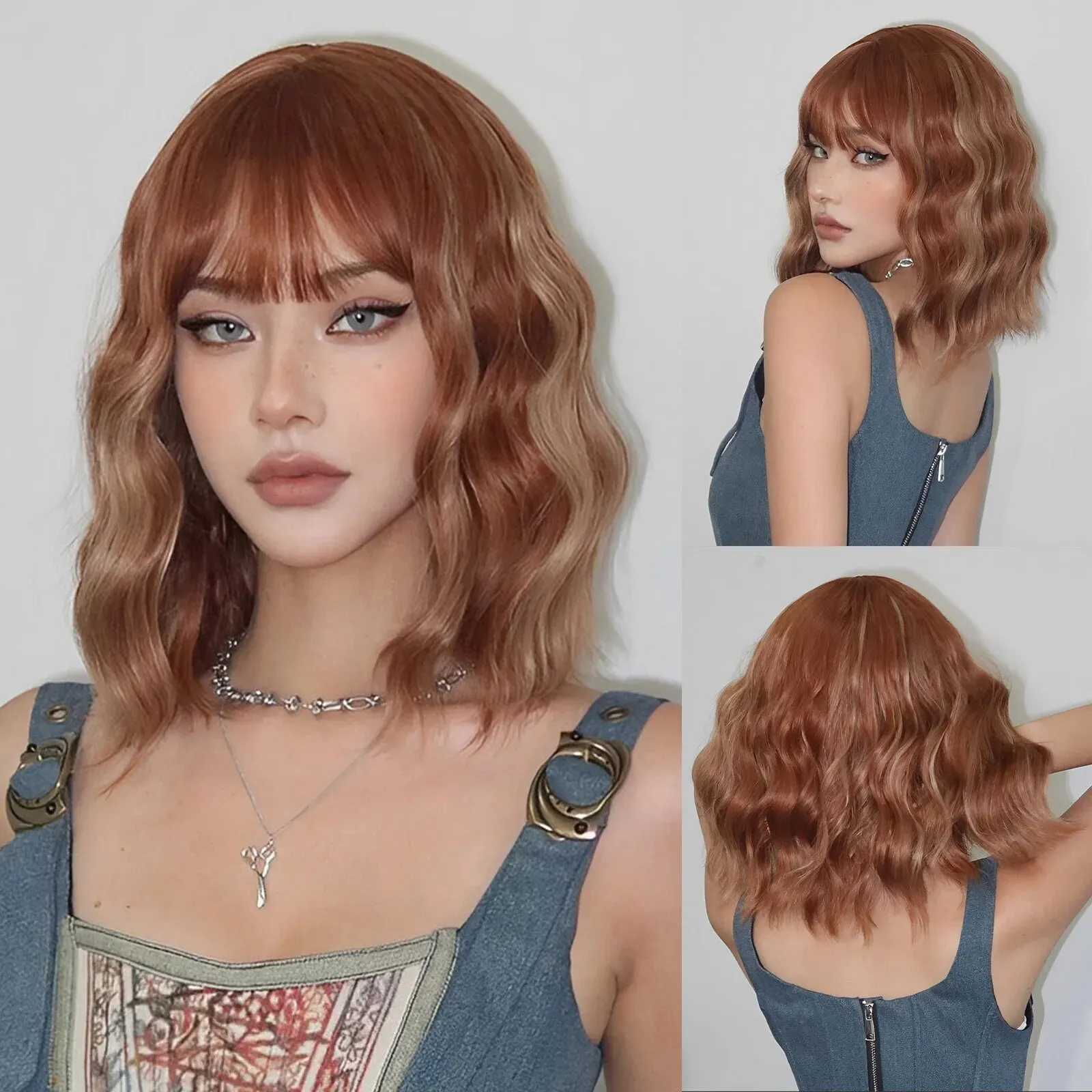 

Brown with Blonde Highlight Synthetic Wigs with Bangs Short Wavy Bob Natural Hair Wigs for Women Cosplay Wig Heat Resistant