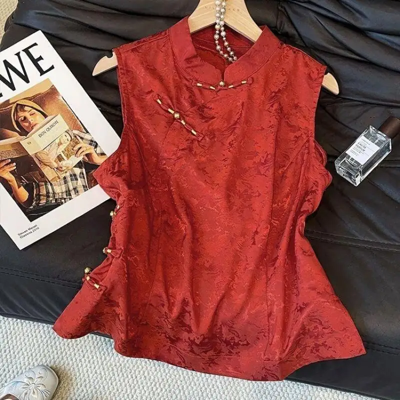 Damen Freizeitmantel Rote Braut-Hochzeitsweste Jacquard Ärmellos Chinesischer Stil Kleidung Vintage-Knopf Elegante Orientalische Bluse Tops