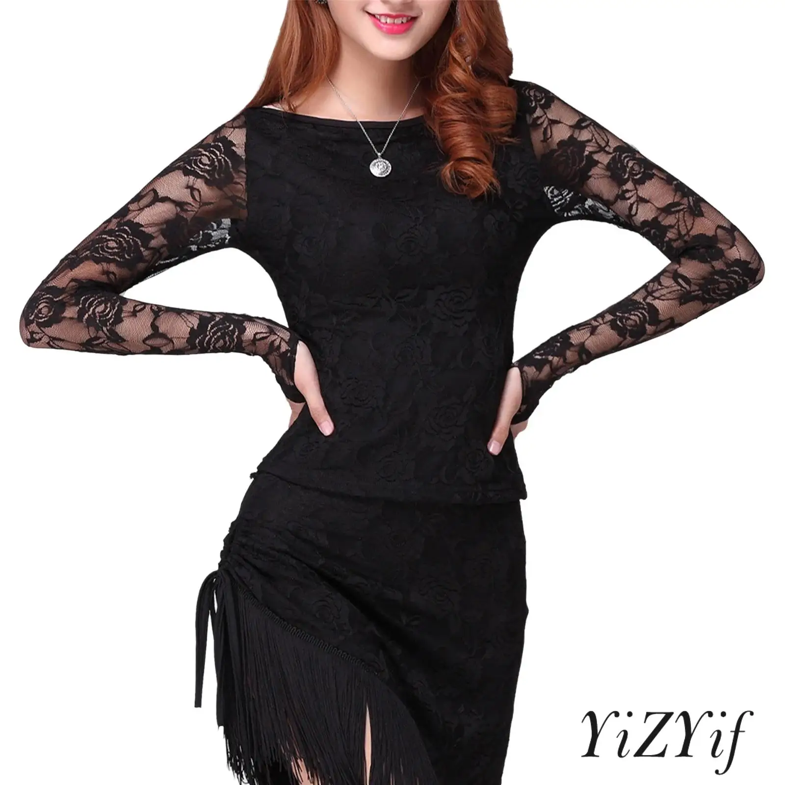 

Womens Latin Dance Blouse Rose Lace Long Sleeve Casual Daily Shirt Top with Stretch Fabric for Cha Cha Salsa Dance Performance