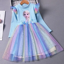 Girls Dress Disney Frozen Princess Dress Rainbow Long-sleeved for Children Gauze Kids Dress Elsa Anna Birthday Party Clothes