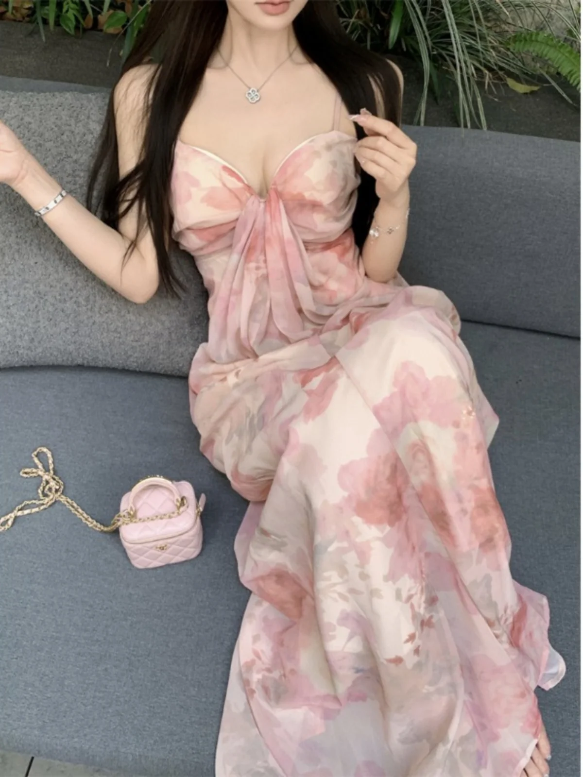 

Sexy Pure Desire Beach Vaion One oulder Strap Dr Adjustable oulder High Waist A-Line Long Skirt Floral Print Summer...