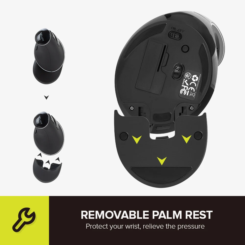Delux M618 Plus Ergonomic Vertical Wireless Mouse DPI 1600 6 Function Buttons Optical Mice with Removable Palm Rest For Computer
