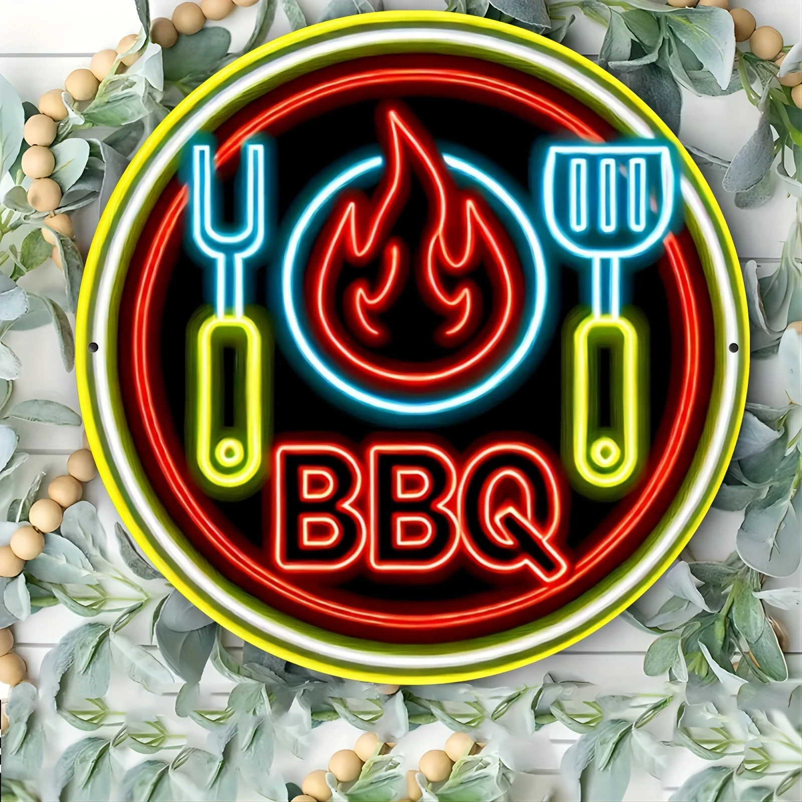 Vibrant BBQ Neon Sign 8x8 Inch Metal Wall Art, Red Blue Flame Design with Clip Spatula, Durable Indoor Outdoor Bar Cafe