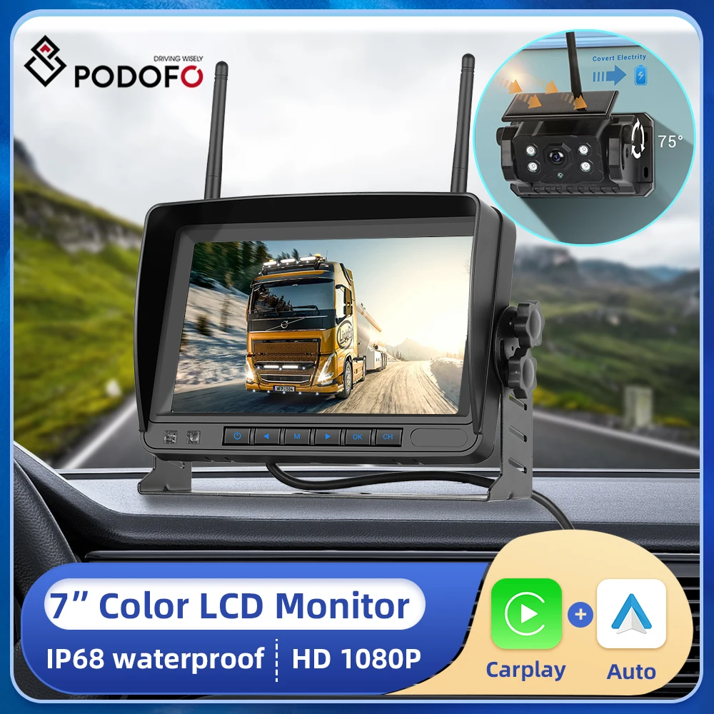 Podofo 7" Backup Monitor IPS HD Display Wireless Solar Reversing Camera Universal Support DVR Loop Recording 1080P Camera
