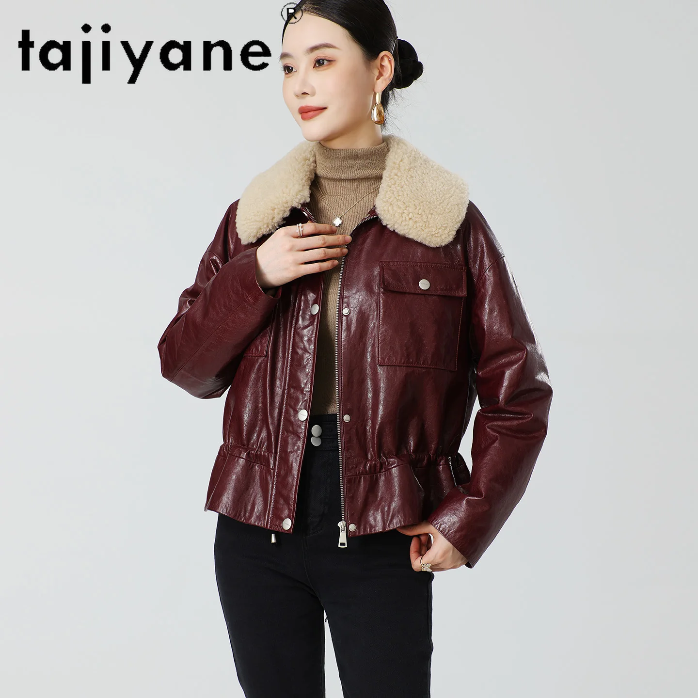 TAJIYANE جلد الغنم الحقيقي الأبيض أوزة أسفل معطف امرأة الصوف طوق سترة جلدية حقيقية معاطف الشتاء القصيرة 2025 ملابس حريمي كورت #5