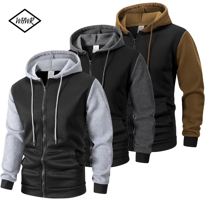 

Мужская толстовка с боковыми карманами, тонкий шерстяной спортивный костюм с цветными блоками, повседневный спортивный костюм с капюшоном и длинными рукавами для бега на открытом воздухе