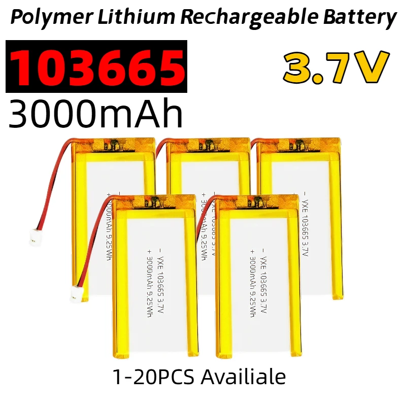103665 3.7V 3000mAh Polymer Lithium Rechargeable Battery with JST PH2.0 Plug HighCapacity Li-Po Battery Camera GPS MP5  Headset