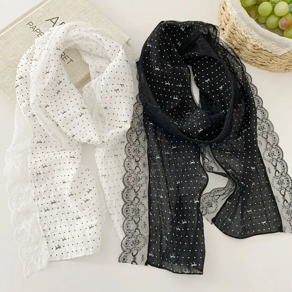 Elegant Butterfly Knot Silk Scarf Lightweight Lace Edge Drifting Belt Polka Dot Women Headscarf