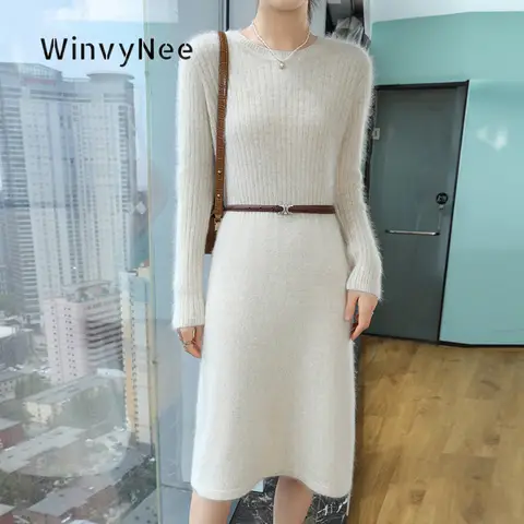WinvyNee Women Jumper Dress Mink Velvet Straight Cut Brushed Fabric Cozy Versatile Formal Casual Wardrobe Staple Outfit E1248050