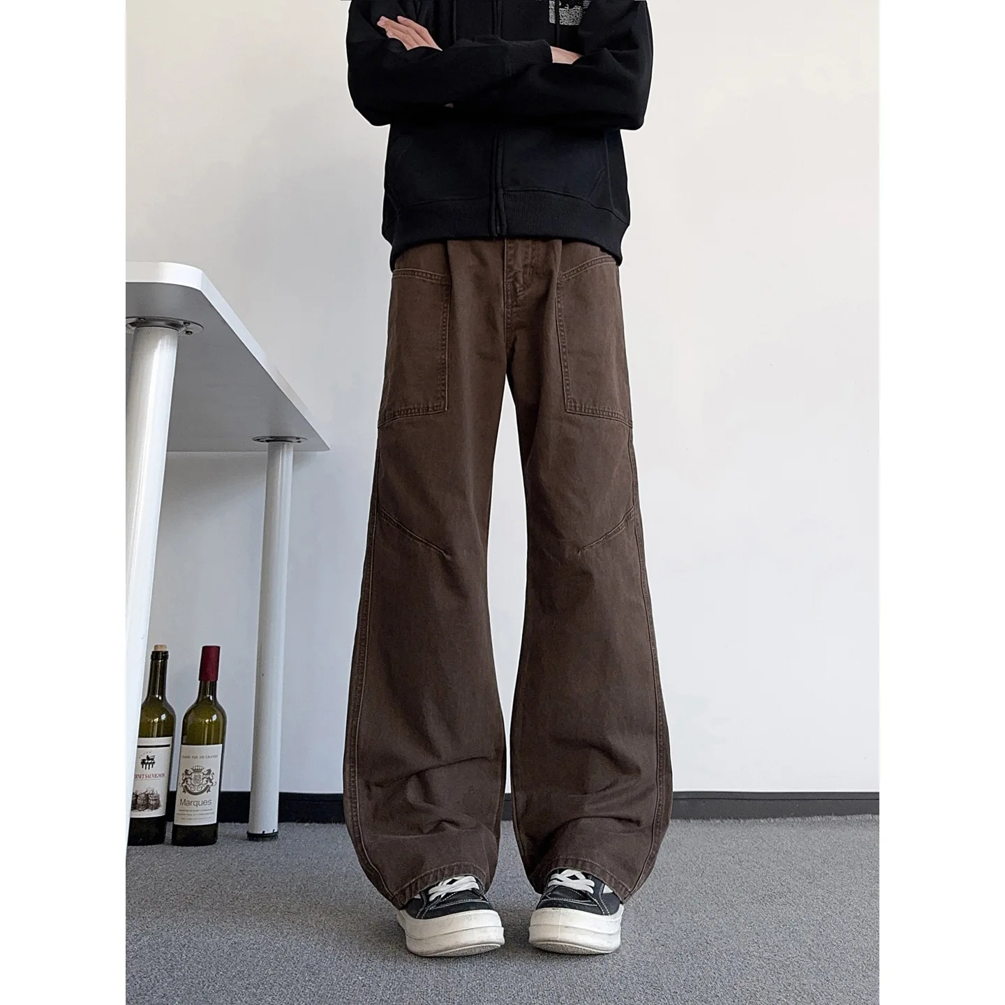 2026 Summer Overalls Men's Loose Wide-leg Floor-mopping Pants Pure Cotton Open-thread Stitched Casual Pants
