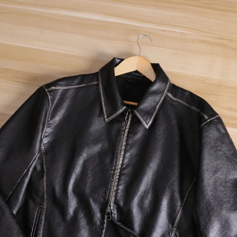 Washed PU Leather Biker Jacket Men's Fashion Spring Coat Flip Collar Motorcycle Jacket Youth Short Style Urban Fashion