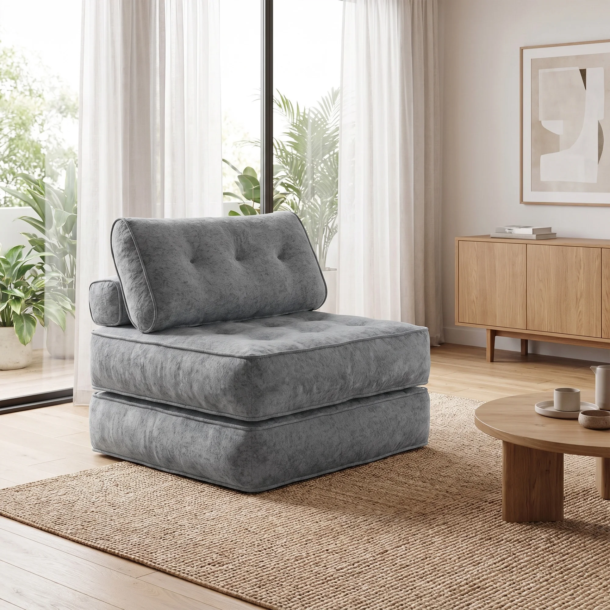 Poltrona letto trasformabile 3 in 1, di colore grigio chiaro, con seduta imbottita e spessa, e 2 cuscini inclusi, poltrona multifunzionale che si trasforma in divano letto, ideale per il soggiorno, la