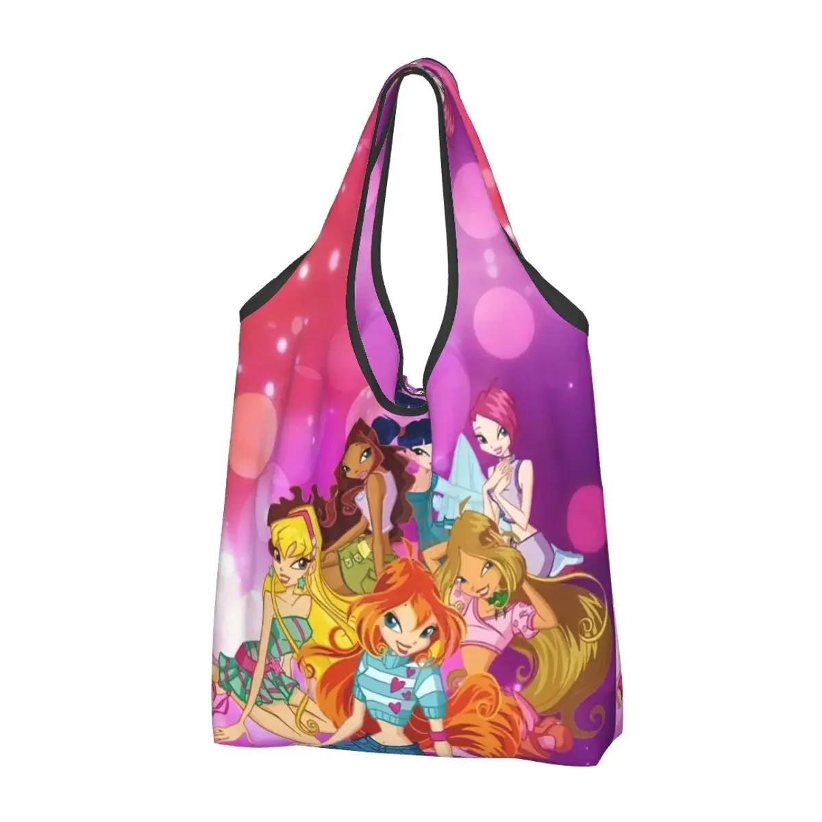 Custom  Anime Winx Club Groceries Shopping Bag Funny Shopper Shoulder Tote Bags Big Capacity Portable Handbag