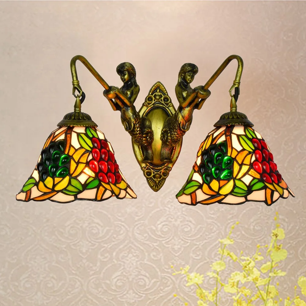 

American Retro Tiffany Resin Round Stained Glass Handmade Led Pastoral Grape Double-Headed Wall Lamp