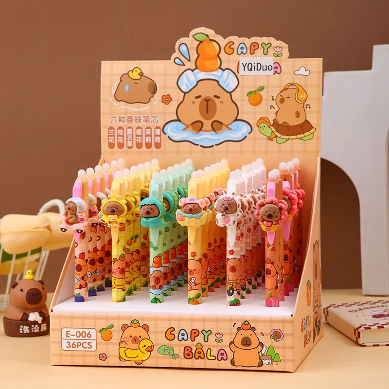 36 Pcs Cute Capybara Erasable Blue Neutral Pen Student Cartoon School Stationery Writing Supplies