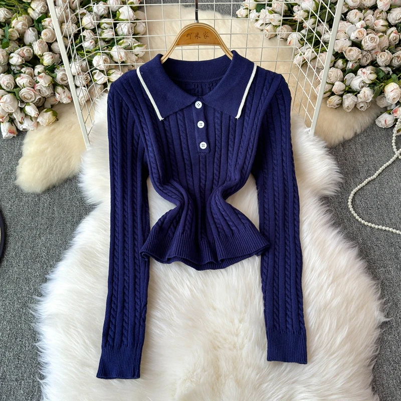 REALEFT Autumn Winter 2 Pieces Women\'s Sets Knitted Tracksuit Polo Collar Sweater and A-line Skater Skirts Suits 2024 New