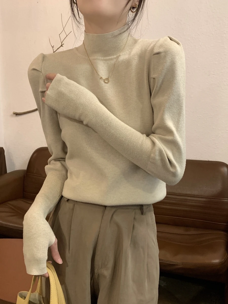 

ay Knitted Sweater f High Collar Bubble Sve Women's Inner Wear Base irt Top Trendy Ele Autumn Winter Faion