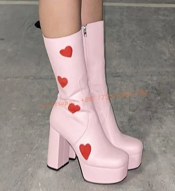 Pink Platform Block Heel Mid Calf Boots Heart Print Zipper Sweet Party Dress Casual women's long Boots Sweet Cool Shoes