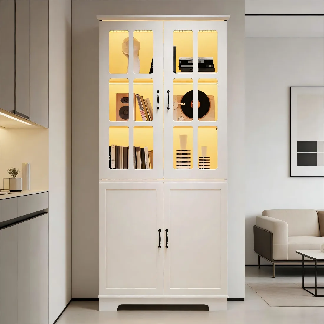 Armoire haute blanche avec 2 portes en verre grillagé et 2 portes solides – Bibliothèque à 5 niveaux de 80x38x180 cm – Vitrine de style farmhouse pour salon ou cuisine – Rangement spacieux pour vaisselle, livres ou décorations – Panneaux de particules robustes, montage facile