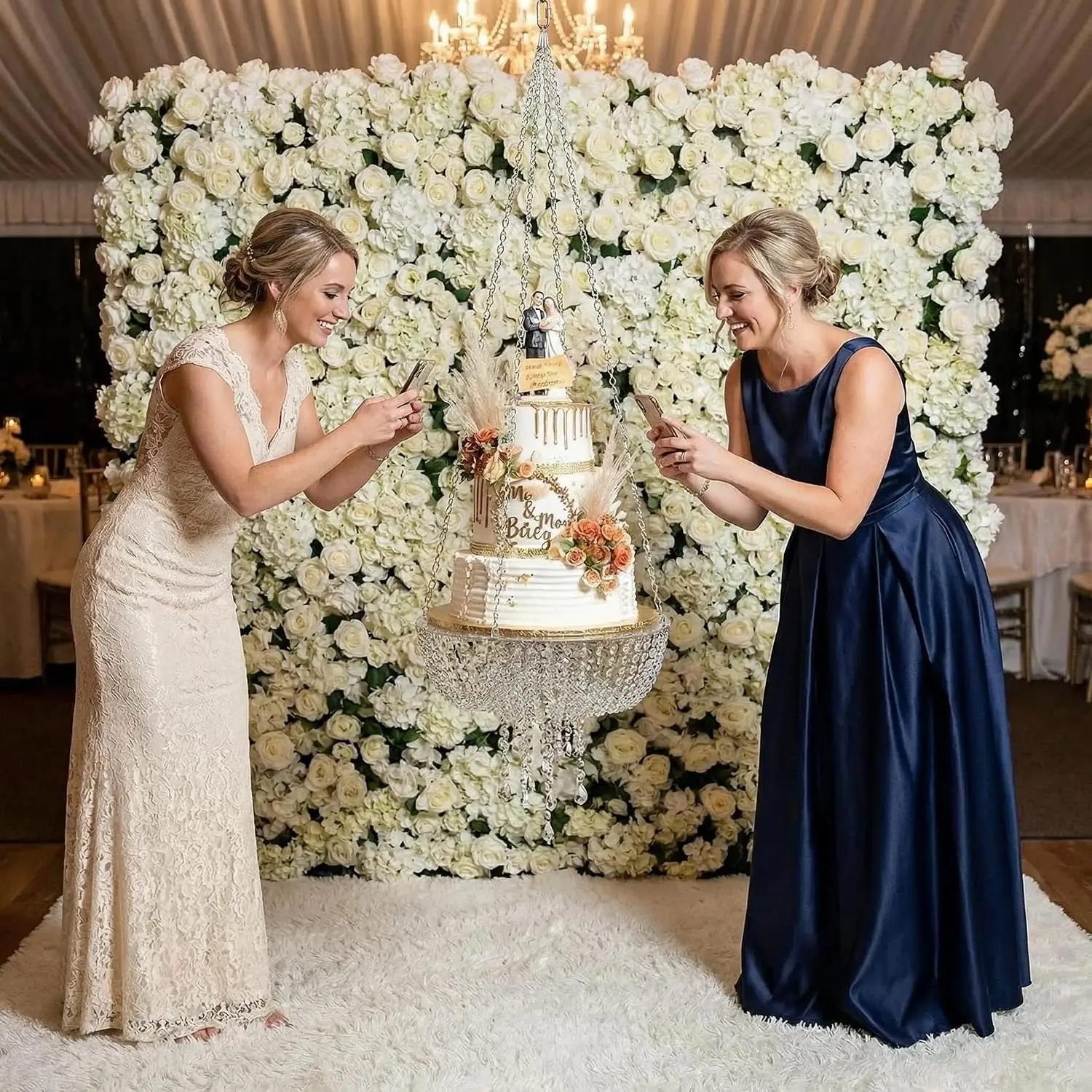 Suspended Cake Swing Stand, Faux Acrylic Crystal Chandelier Style with Draped Design, 17.7 Inch Diameter, Crystal Finish, for Wedding, Event and Party Decoration
