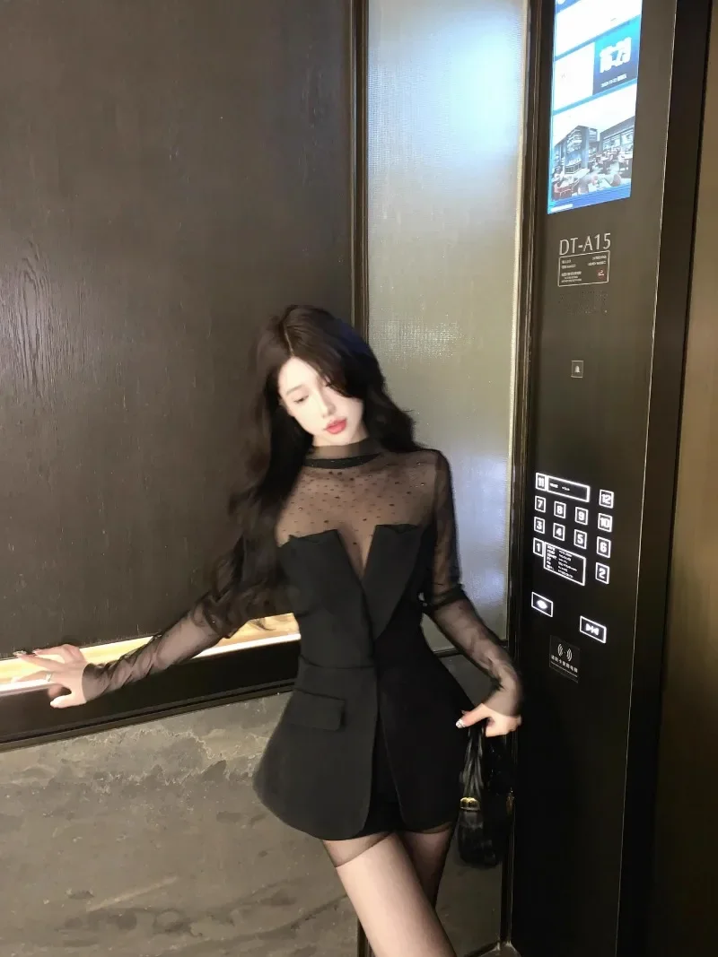 Traje sin tirantes de malla negra, camisetas de manga larga con diamantes calientes, conjuntos de 2 piezas, trajes para mujer, camisetas sin mangas, camisola ajustada, ropa de calle