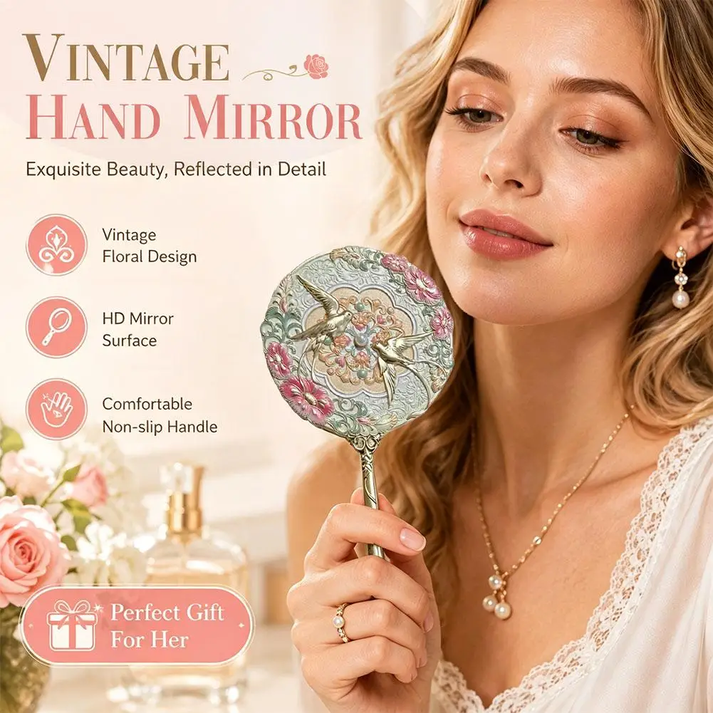Vintage Hand Mirror Exquisite Chinese Peony Floral Embossed Makeup Mirror Portable Retro Cosmetic Tool Gift for Her New 2026