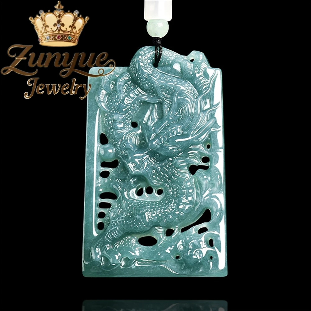 

Genuine Natural A-Grade Jadeite Blue Water Hollowed-Out Powerful Dragon Pendant Ice-Type Jade For Men And Women Fine Jewelry
