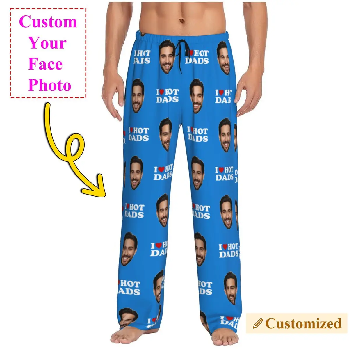 

Мужские пижамные штаны I Love Hot Dads на заказ с индивидуальным принтом, индивидуальный дизайн для фотосъемки лица, одежда для сна, низ с карманами