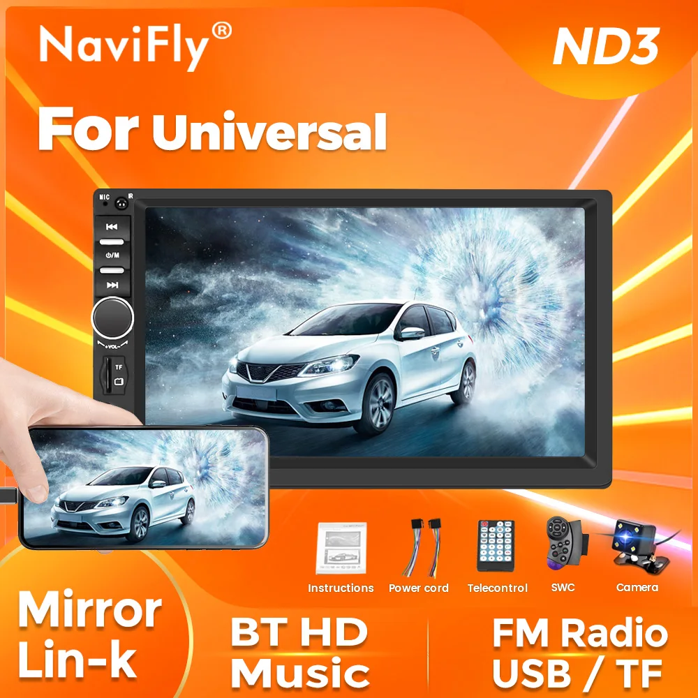 NaviFly para Radio Universal de coche HD pantalla táctil de 7 pulgadas estéreo 2 Din radio FM entrada auxiliar reproductor MP5 automático SD USB BT