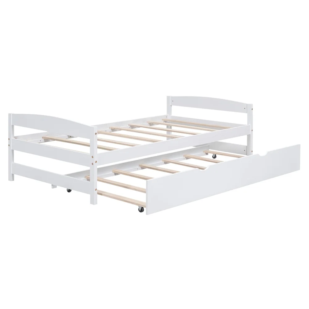 Twin Size Platform Bed with Trundle Low Profile Easy Assembly Solid Pine Wood Daybed Kids Safe Storage Sleepover