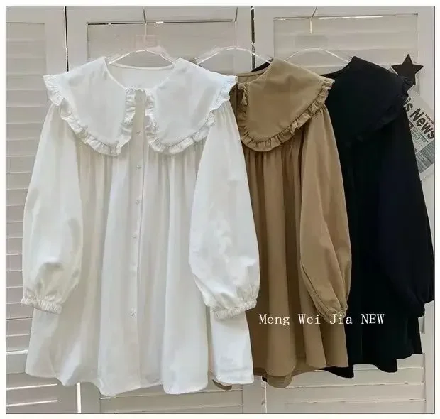 Damenhemden, einfarbig, mit langen Puffärmeln, Peter-Pan-Kragen, koreanischer Stil, modische Oberteile, Retro-Damenbluse, schlicht, lässig, vielseitig kombinierbar. – Detail 12