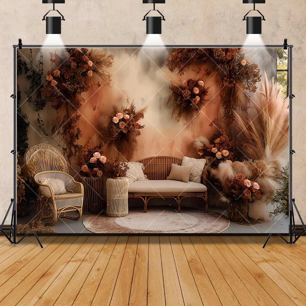Indoor Bohemian Pampas Grass Photography Background Customized Pregnant Adult Children Portrait Decoration Photo Studio Props