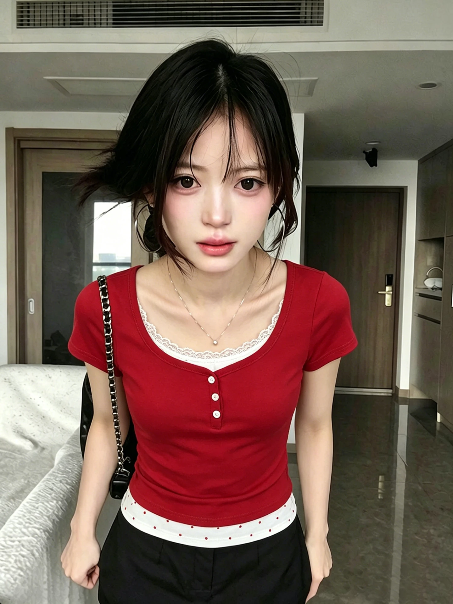 Korean Style Lace V-Neck Red Short Sleeve Slim Fit T-Shirt Women's Summer New Fashion Casual Top Soft Comfortable Breathable