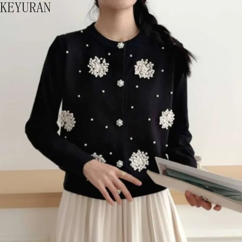 3D Peals Beading Floral Sweater Women Clothing New Autumn Fashion Button Knitted Cardigan Casual All-match Elegant Knitwear Tops