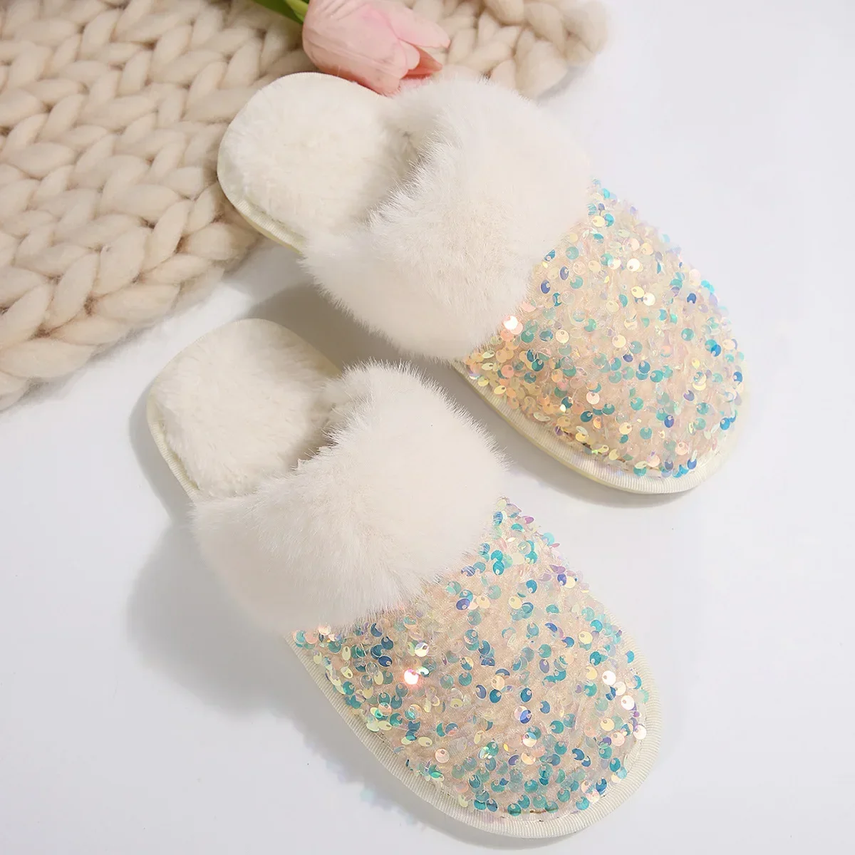 2024 Winter New Wool Slippers Women's Round Toe Sequins European and American Fashion Wear Toe Slippers in Stock