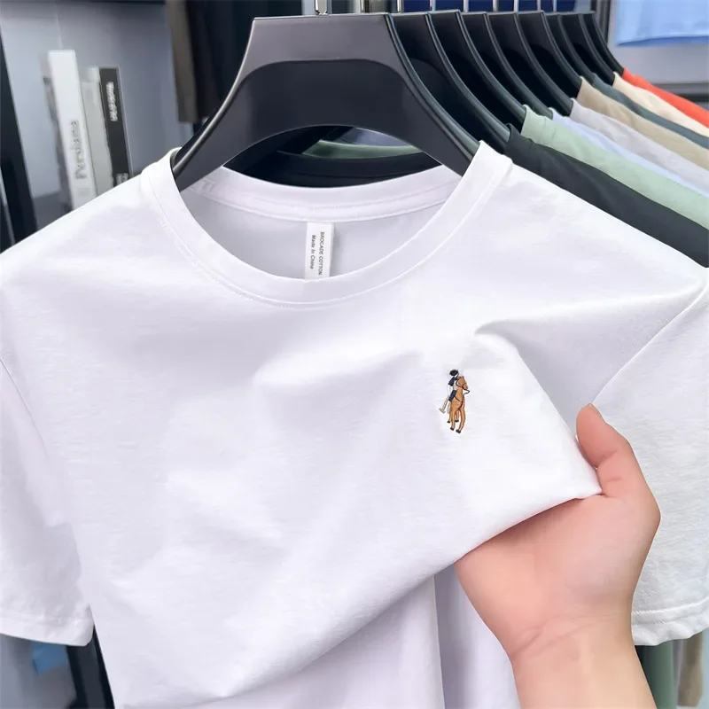 

High End Brand Round Neck Short Sleeve T-shirt Pony Embroidery Men's New Silky Smooth Breathable Korean Style Casual Fashion