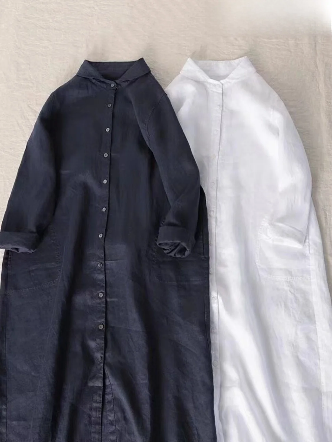 

Retro Linen Cotton Blend Long Sleeve Shirt Dress Midi Length Knee-Over Spring Commute Style with Pockets Single Button Closure