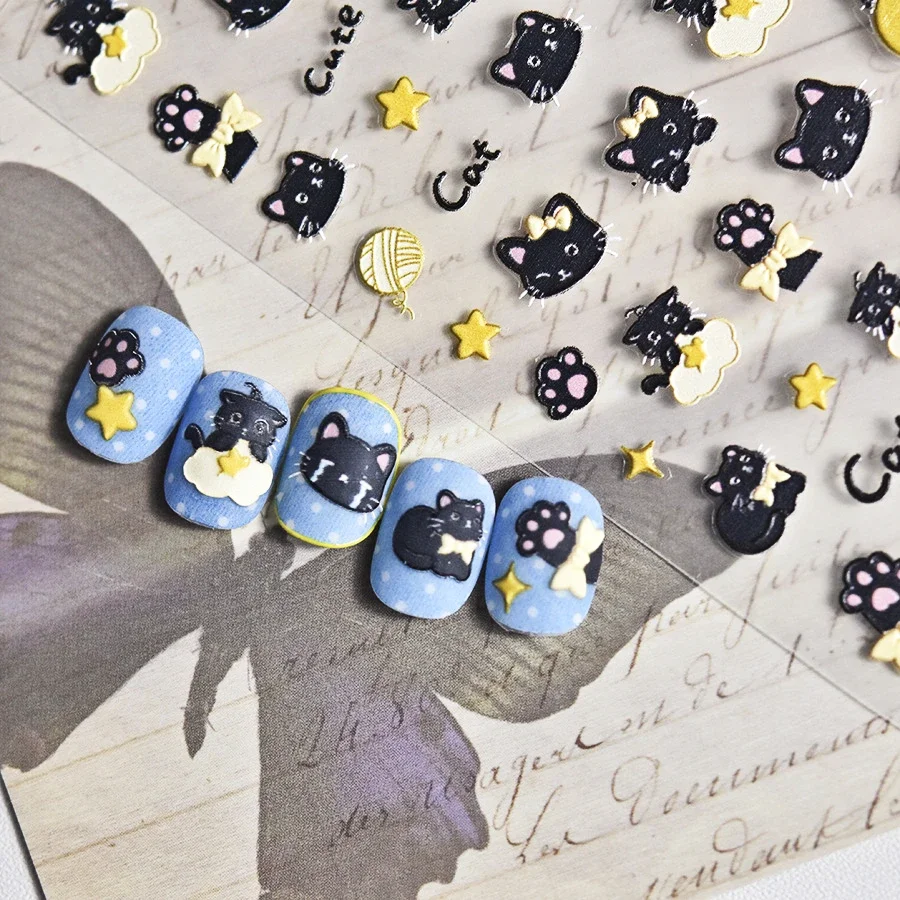 Cartoon Black Pretty Kitty Puppy Dog Pig Cute Cats 5D rilievi in rilievo autoadesivo Nail Art decorazione Sticker Manicure decalcomanie