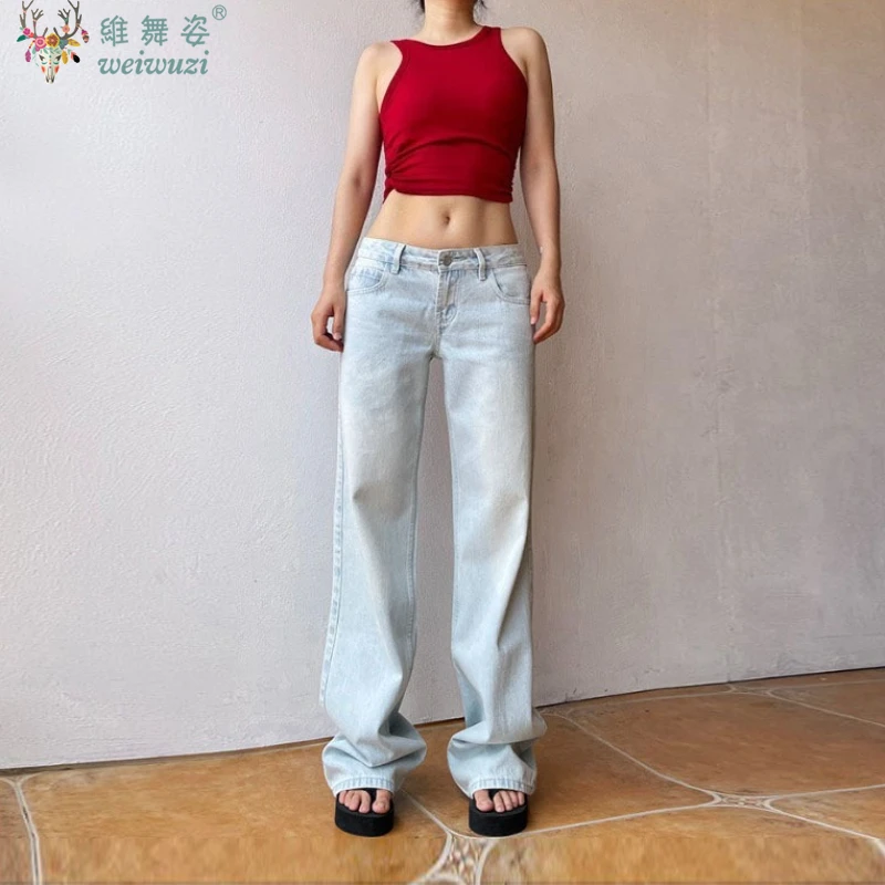 

Fashion Female Jeans Low Waist Retro Baggy Straight Light Blue Long Jeans Design Hip Hop Y2K Harajuku Streetwear Leisure Spring