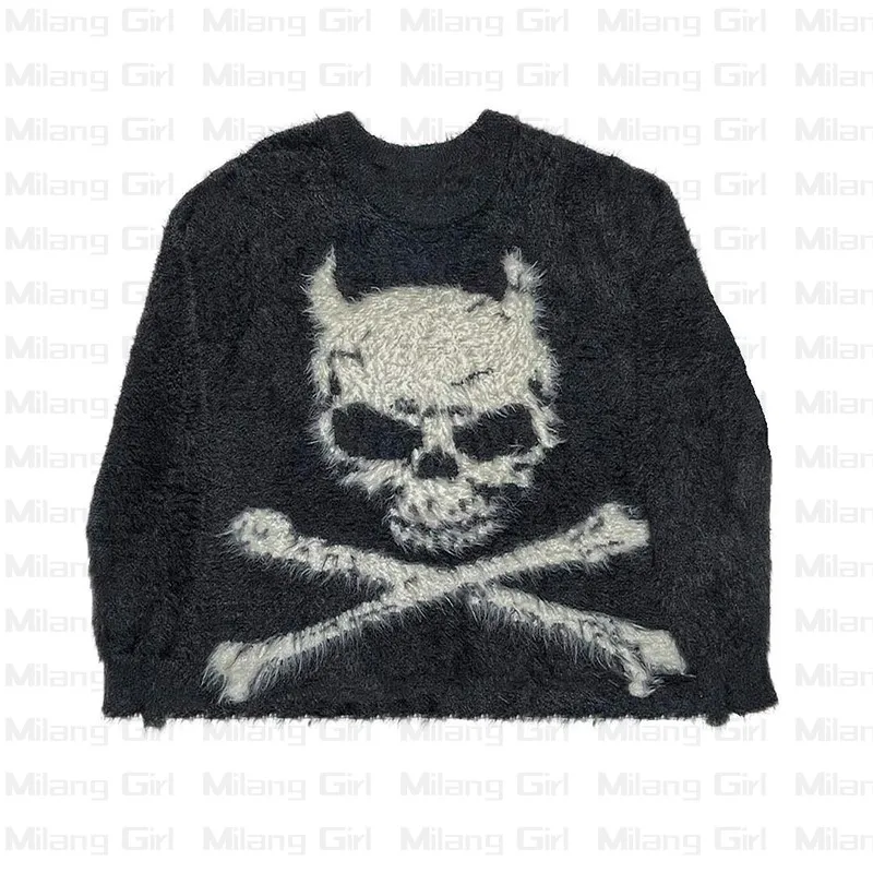 Demon Skeleton Print Harajuku Men Oversized Sweater Black White Loose Vintage Knitted Sweater Autumn Cotton Pullover Unisex Y2K