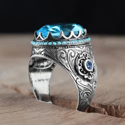 Huitan Big Oval Blue/Green Stone Vintage Women Rings Caved Pattern Anti Silver Color Elegant Lady's Ring for Party Retro Jewelry
