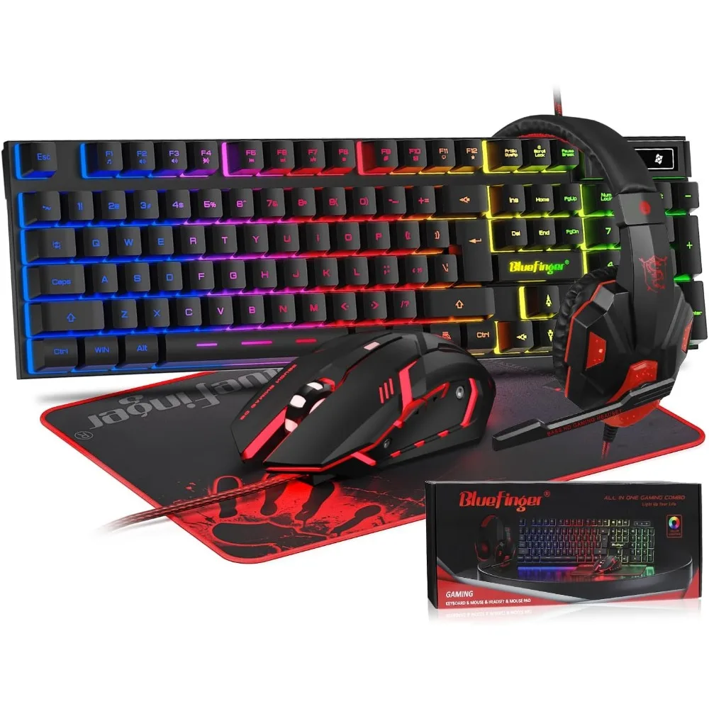 RGB Gaming Keyboard and Backlit Mouse & Headset, Wired USB Keyboard, LED Mouse Set, Headset with Microphone for PC and Gaming