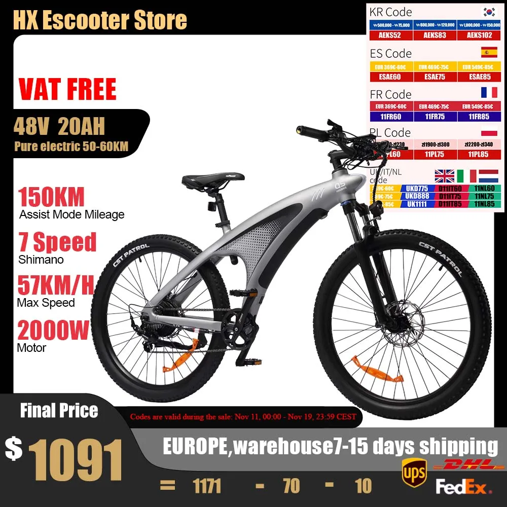 

HX Q5 Ebikes 2000W Adults Electric Bike 57KM/H Electric Bicycle 27.5 Inch Removable battery Electric E Bikes Mountain Ebike
