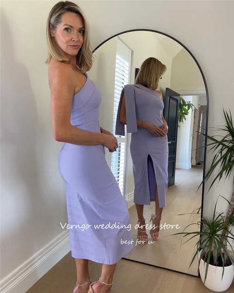 Verngo Lilac Party Dresses Women One Shoulder Satin Split Casual Skirt Dress Tea Length Evening Prom Gowns Robe de soiree 2023