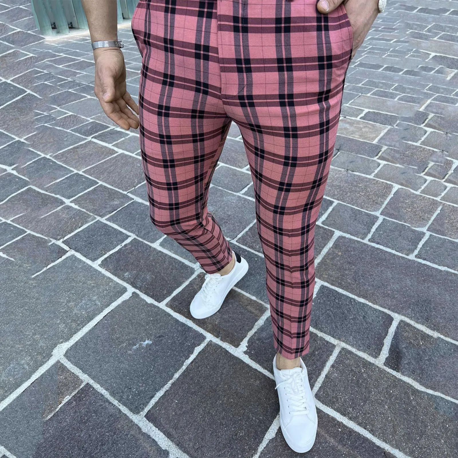 Men's Cargo Pantalones Pant Slim Fit Straight Leg Trousers Plaid Printed Pocket Zipper Button Feet Pants Men's clothing 2024