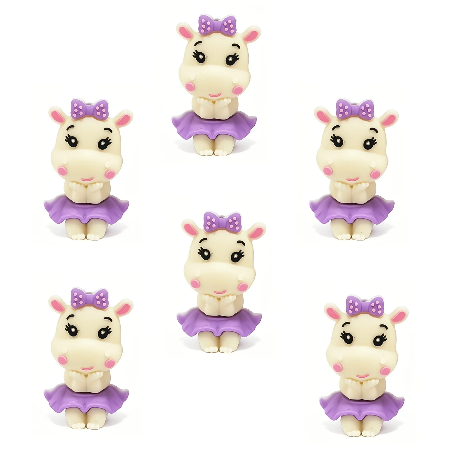 6Pcs 3D Cartoon Hippo Silicone Beads with Purple Bow & Skirt, Animal Loose Beads for DIY Bracelet Necklace Beaded Pen Gifts