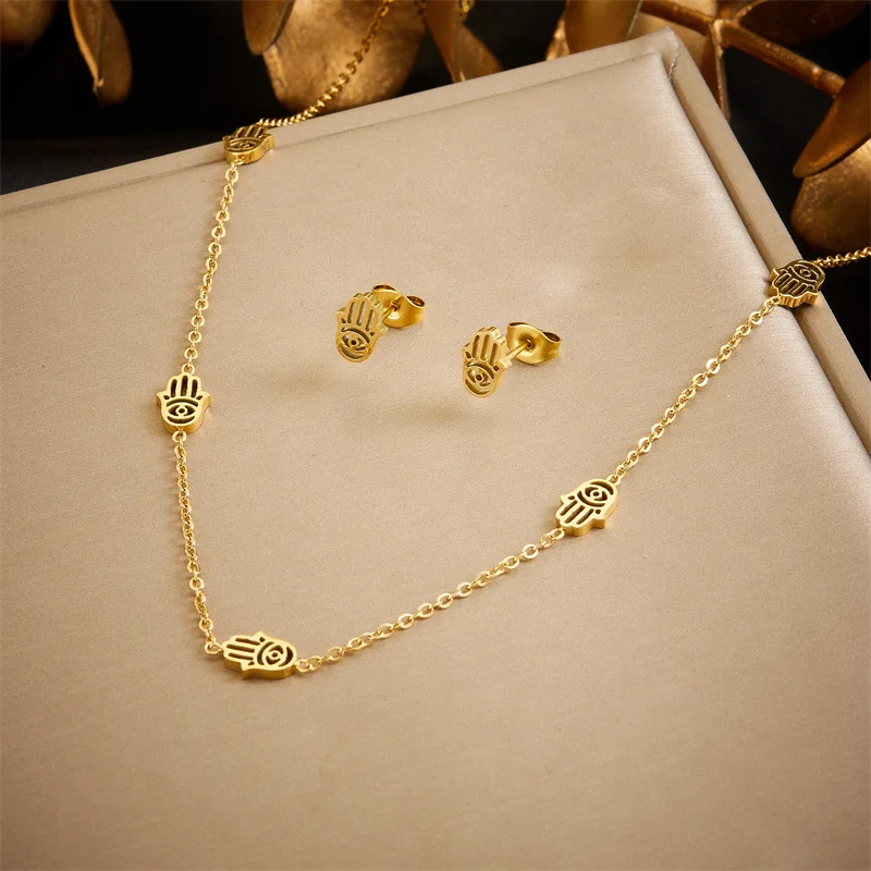 Women's Stainless Steel 18K Gold Plated Jewelry Set with Hollowed out Palm Pendant Earrings And Necklace Gift