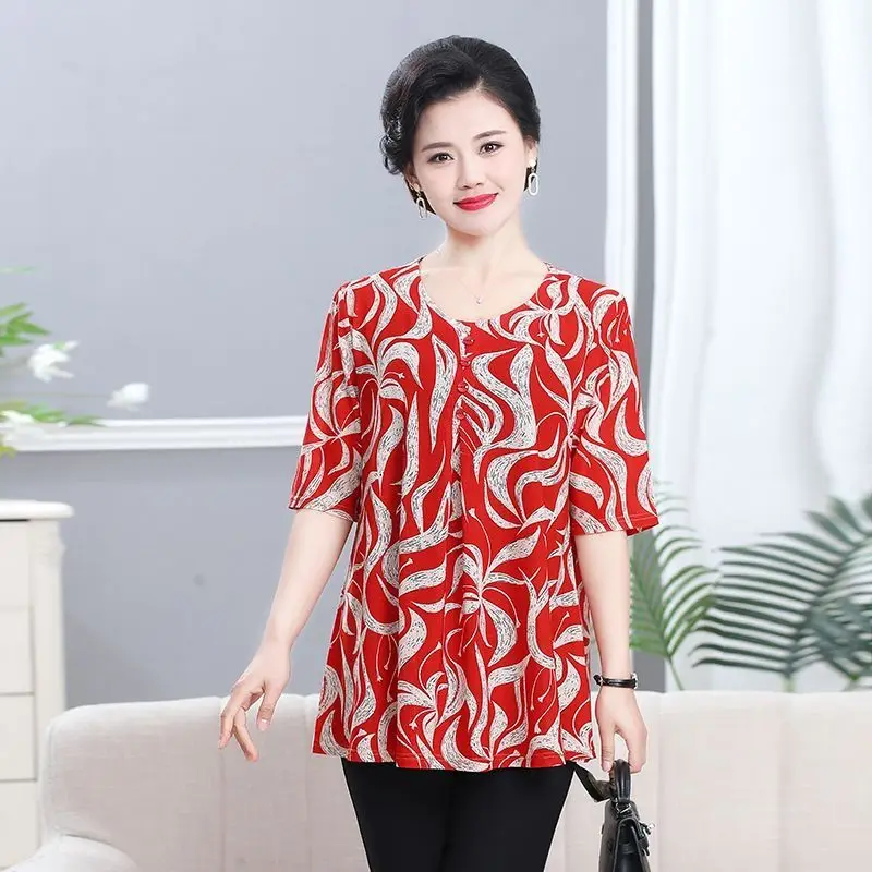 Women Summer Fashion Loose Large Size Elegant Printing O-neck Short Sleeve Shirts Ladies Casual All-match Appear Thin Top Tee