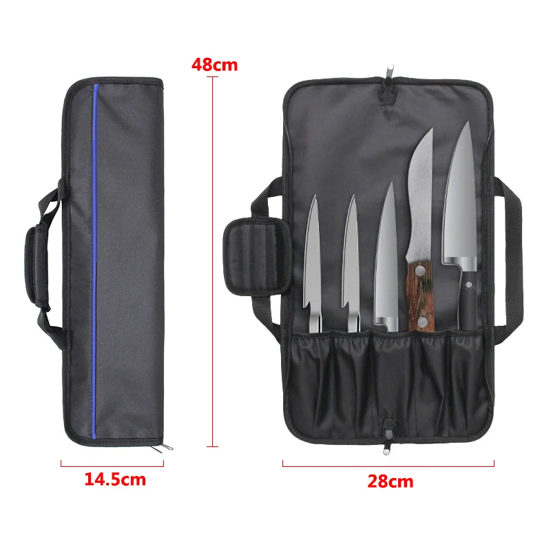 Foldable Oxford Chef Knife Roll Bag 5 Pockets Durable Portable Carrying Kitchen Santoku Japanese Slicing Knife Carry Case Tools